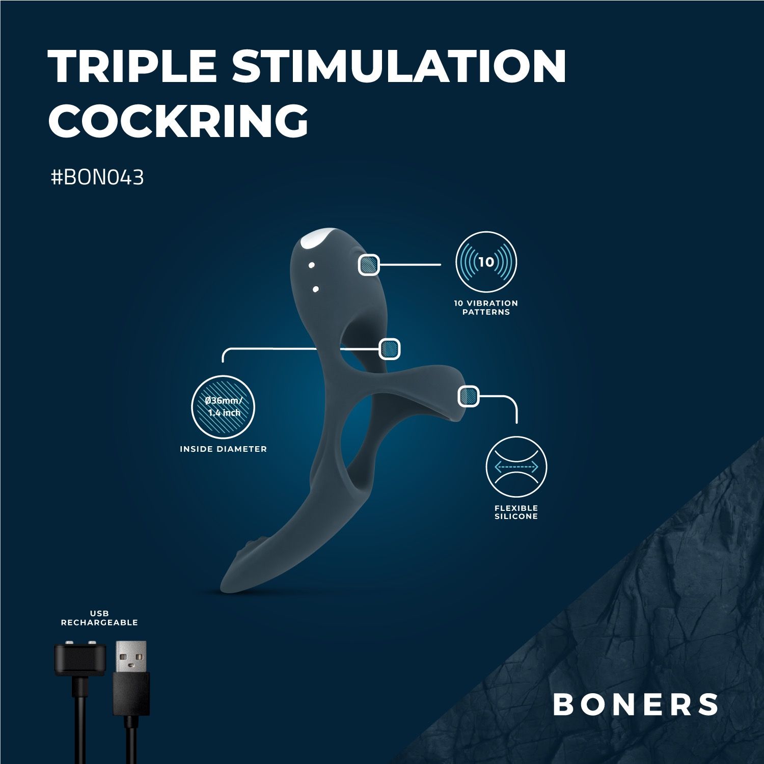 Boners Triple Cockring - Blauw - Afbeelding 5