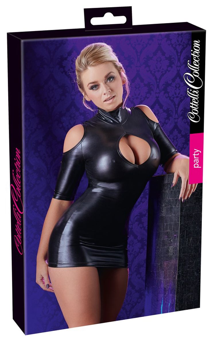 Cold Shoulder Wetlook Mini Jurkje - Zwart - Afbeelding 3